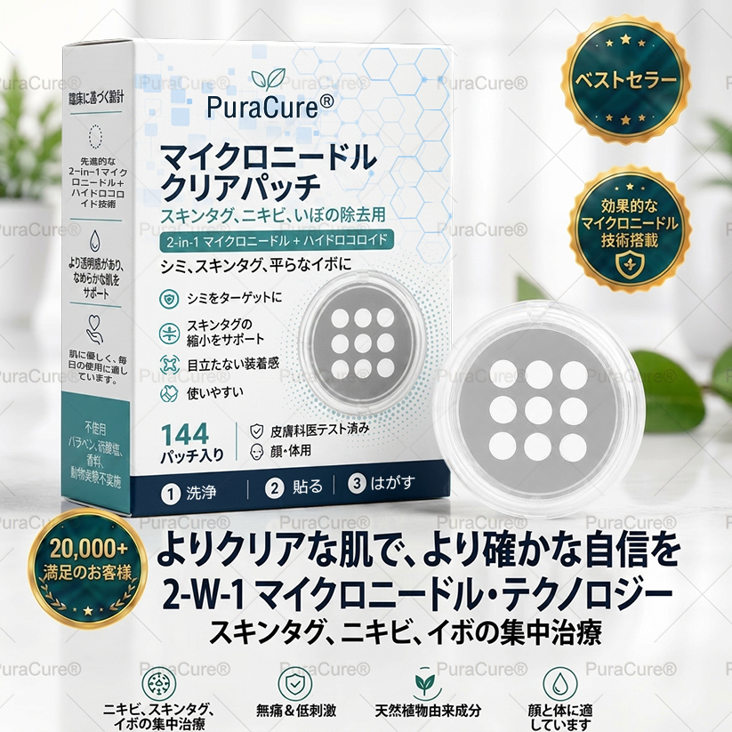 🌼PuraCure® 2-in-1 マイクロニードル＆ハイドロコロイドパッチ🍀| 盛り上がったホクロ・ニキビ・扁平イボ・スキンタッグのケアに | シワ・ニキビ跡・肌の色ムラをケア | 目立たない透明パッチ（顔・体用）