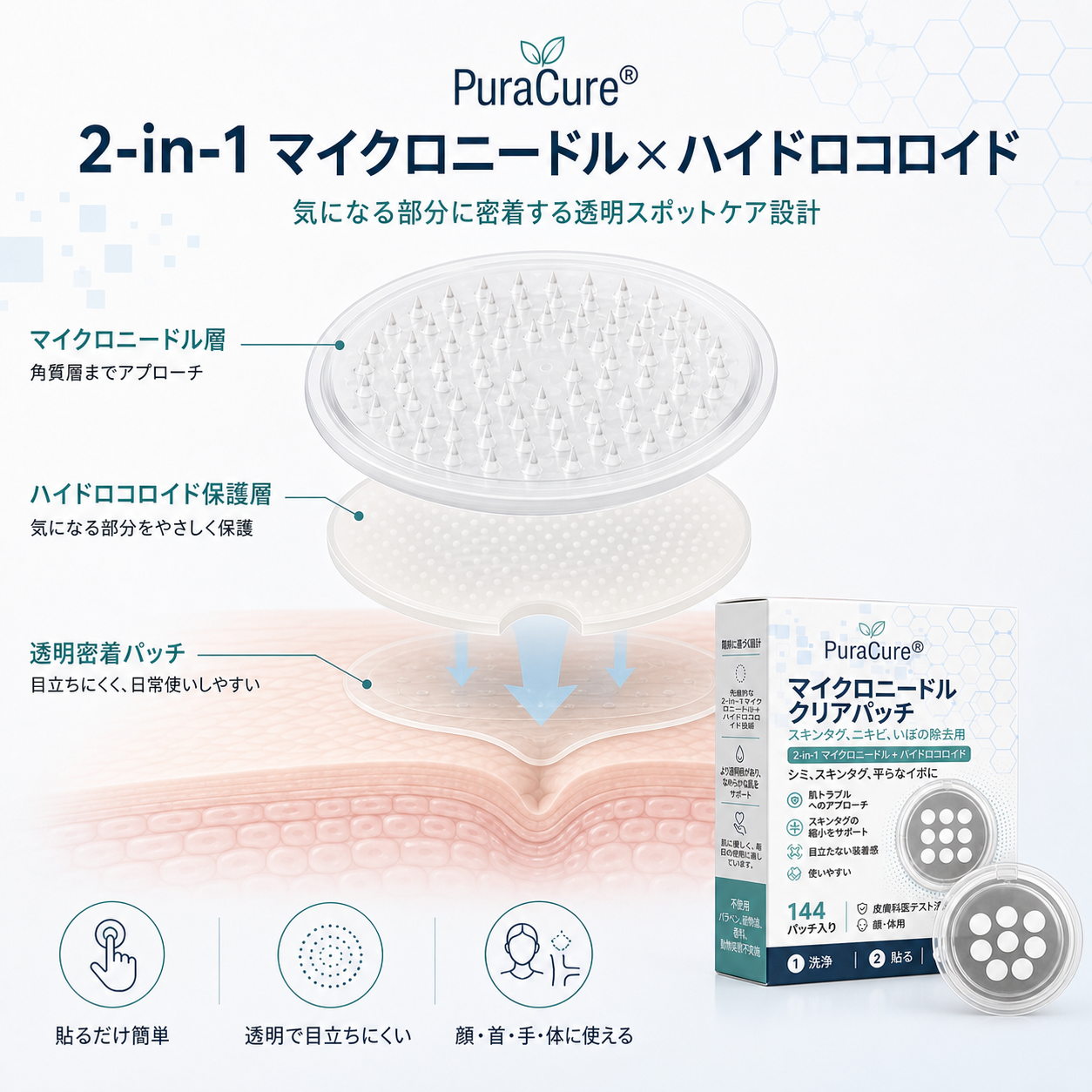 🌼PuraCure® 2-in-1 マイクロニードル＆ハイドロコロイドパッチ🍀| 盛り上がったホクロ・ニキビ・扁平イボ・スキンタッグのケアに | シワ・ニキビ跡・肌の色ムラをケア | 目立たない透明パッチ（顔・体用）