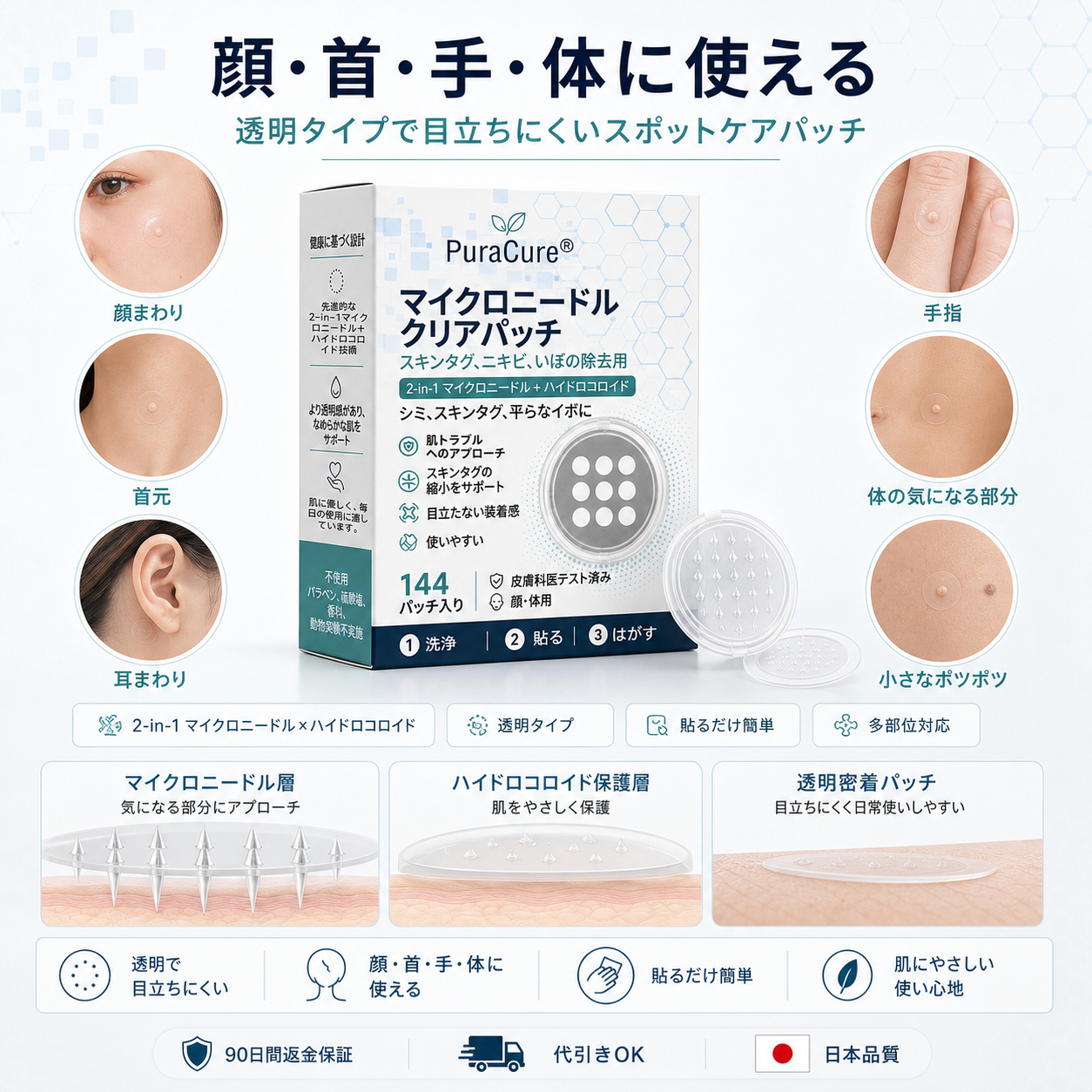 🌼PuraCure® 2-in-1 マイクロニードル＆ハイドロコロイドパッチ🍀| 盛り上がったホクロ・ニキビ・扁平イボ・スキンタッグのケアに | シワ・ニキビ跡・肌の色ムラをケア | 目立たない透明パッチ（顔・体用）